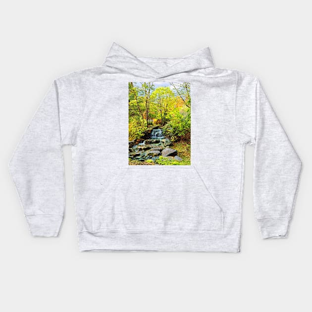 Small Waterfall in Autumn Park Kids Hoodie by SusanSavad